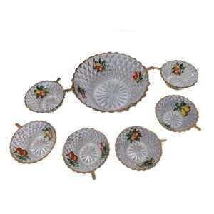 Vintage Indiana Glass Fruit / Punch Bowl Set of 7 Saucers and Bowl Diamond Point